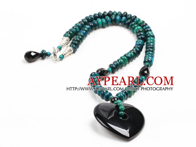 Vintage Style Abacus Shape Phoenix Stone Heart Shape Black Agate Pendant Necklace