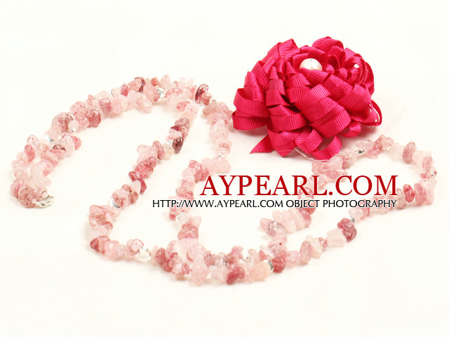 Trendy Simple Style Long Cherry Quartz Chips Necklace with Hot Pink Statement Flower Charm
