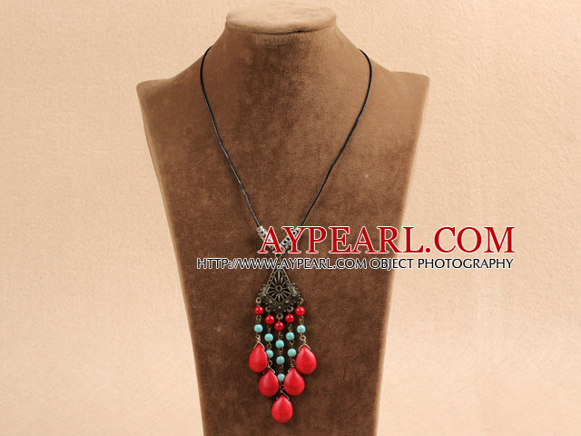 Simple Vintage Style Chandelier Shape Turquoise Tear Drop Coral Beads Tassel Pendant Necklace With Black Leather