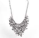 Sparkly Bib Shape Gray Series Water Drop Shape Crystal Statement Party Necklace With Gray Thread Woven Drawstring Chain