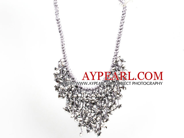Sparkly Bib Shape Gray Series Water Drop Shape Crystal Statement Party Necklace With Gray Thread Woven Drawstring Chain