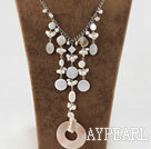Fashion White Freshwater Pearl And Mixed Shape Shell Donut Pendant Metal Chain Necklace 