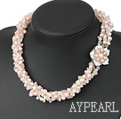 Wholesale Fashion Multi Strand Twisted Rose Quartz And White Pink Freshwater Pearl Necklace With Shell Flower Clasp