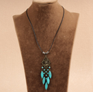 Simple Vintage Style Chandelier Shape Eye Shape Turquoise Tassel Pendant Necklace With Black Leather