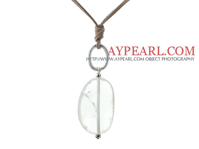 Simple Style Irregular Shape Natural Clear Crystal Pendant Necklace with Brown Cord