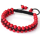 Wholesale Fashion Style Two Rows Round Red Coral Woven Adjustable Drawstring Bracelet