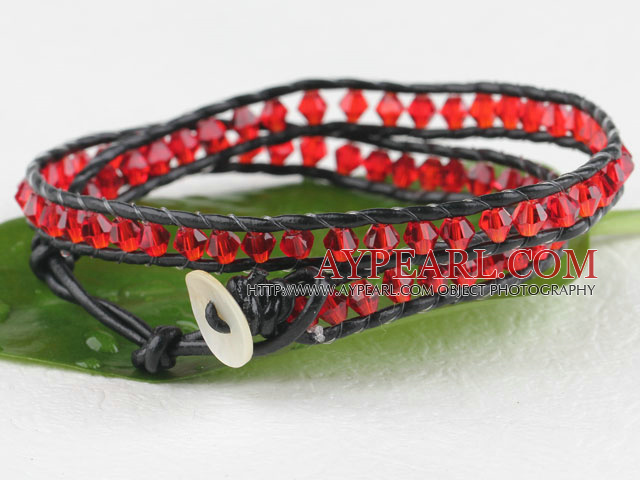Red manmade crystal leather thread wrap bracelet