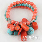 Wholesale elastic style 7.5 inches pink coral and turquoise bracelet