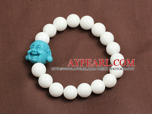 Classic Design White Porcelian Stone Beads Elastic/ Stretch Bracelet With Blue Buddha Head