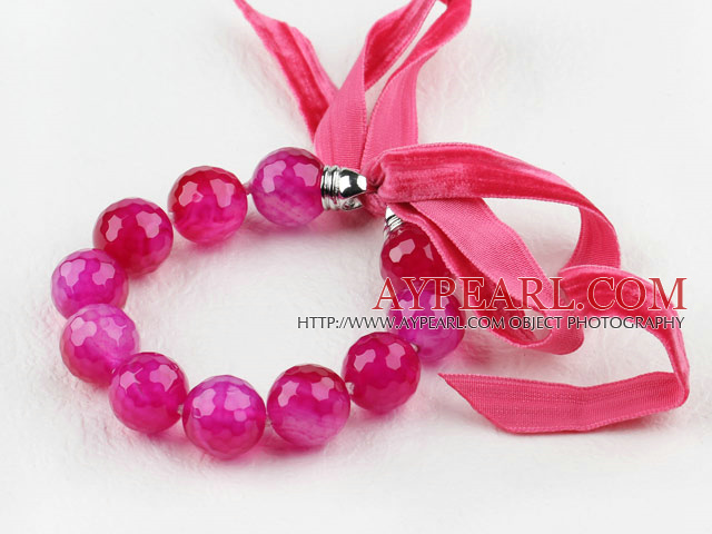 Brilliant Rose Color Agate Beaded Bracelet with Ribbon