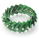 Green Color Donut Shell and White Seashell Beads Stretch Bangle Bracelet
