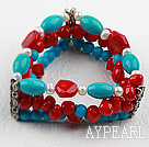 Wholesale Three Strands Assorted Red Coral and Turquoise Bangle Bracelet