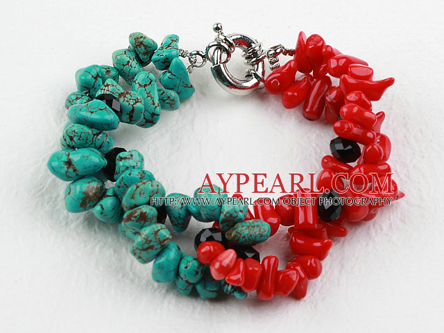 Turquoise and Red Coral Bracelet with Lobster Clasp