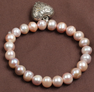 Simple Elegant Style Natural Pink Freshwater Pearl Elastic/ Stretch Bracelet With Tibet Silver Heart Charm