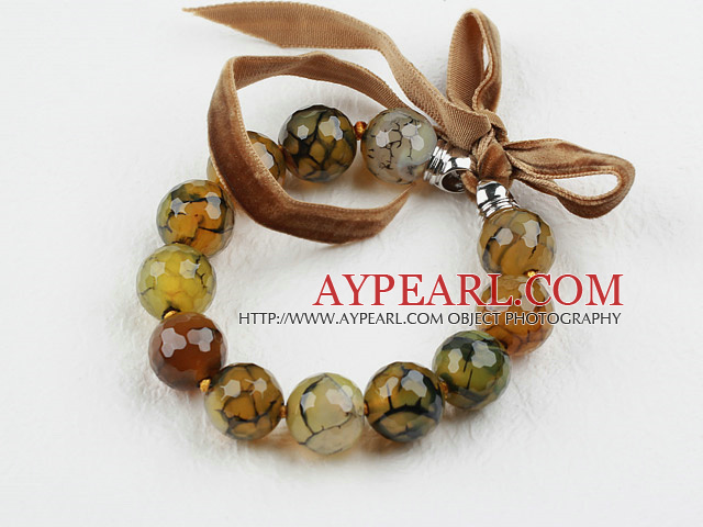 Nice 14Mm Faceted Fire Agate Beaded Bangle Bracelet With Brown Ribbons