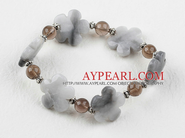 Smoky Quartz and Gray Jade Flower Elastic Bracelet