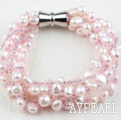 Multi Strand Baby Pink Freshwater Pearl and Glass Beads Bracelet with Magnetic Clasp