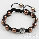 Coffee Color Seashell Beads and Rhinestone Ball Woven Bracelet