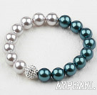 Gray and Peacock Color Seashell Beads and Rhinstone Ball Elastic Bangle Bracelet