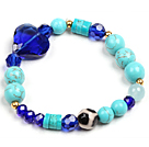 Simple Style Single Strand Blue Turquoise Hand-Painted Agate Dark Blue Heart Shape Crystal Bead Stretch / Elastic Bracelet