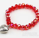 Wholesale Dark Red Manmade Crystal Elastic Bangle Bracelet with Heart Shape Metal Accessories