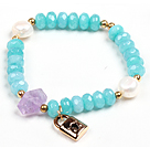 Wholesale Summer Beach Fashion Blue Jade Natural White Pearl And Amethyst Stretch / Elastic Bracelet With Golden Lock Charm