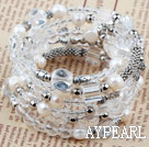 Assorted White Freshwater Pearl and Clear Crystal Wrap Bangle Bracelet