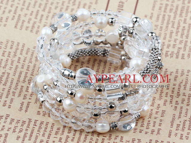Assorted White Freshwater Pearl and Clear Crystal Wrap Bangle Bracelet