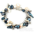 white and black pearl bracelet with metal chain and toggle clasp