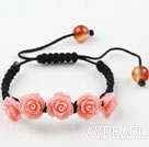 Fashion Style New Design Pink Rose Flower Turquoise Woven Drawstring Bracelet with Adjustable Thread