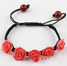 Fashion Style Watermelon Red Rose Flower Turquoise Woven Drawstring Bracelet with Adjustable Thread