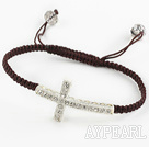 Fashion Style Sideway/Side Way White Rhinestone Cross Bracelet with Brown Cord Drawstring Bracelet
