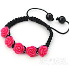 Fashion Style Red Rose Flower Turquoise Woven Drawstring Bracelet with Adjustable Thread