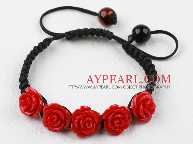 Fashion Style Dark Red Rose Flower Turquoise Woven Drawstring Bracelet with Adjustable Thread