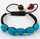 Dark Blue Rose Flower Turquoise Woven Bracelet with Adjustable Thread