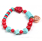 Simple Style Single Strand Blue Turquoise Red Blood Stone Beads Stretch / Elastic Bracelet With Golden Rose Color Hollow Heart