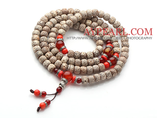 Vintage Style Multi Strands Leaves the Bodhi Red Coral Agate Beads Elastic Rosary/Prayer Bracelet
