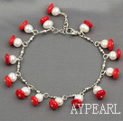 white pearl and red coral bracelet with lobster clasp
