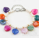 White Freshwater Pearl and Heart Shape Multi Color Agate Bracelet