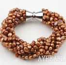 Multi Strands Golden Brown Freshwater Pearl Bracelet with Big Magnetic Clasp