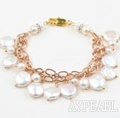 White Coin Freshwater Pearl Bracelet with Yellow Metal Chain