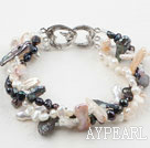 Three Strands Black and White Biwa Pearl Bracelet with Heart Shape Clasp