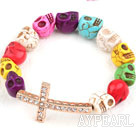 Wholesale Golden Color Rhinestone Sideway/Side Way Cross and Multi Color Turquoise Skull Stretch Halloween Bracelet