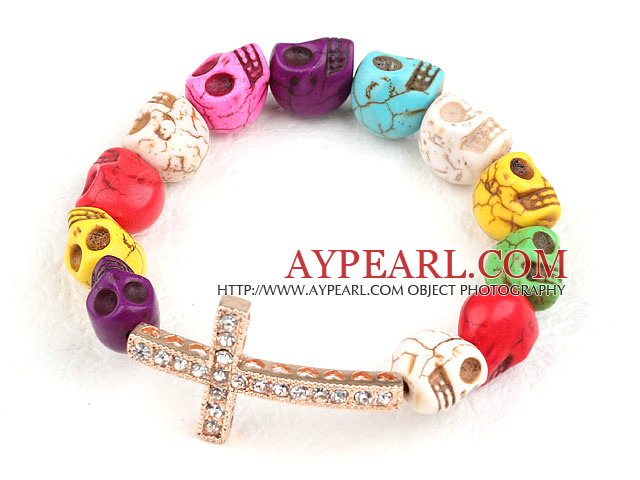 Golden Color Rhinestone Sideway/Side Way Cross and Multi Color Turquoise Skull Stretch Halloween Bracelet