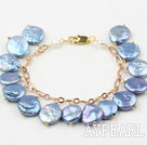 Blue Coin Freshwater Pearl Bracelet with Yellow Metal Chain
