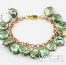 Lemon Green Coin Freshwater Pearl Bracelet with Yellow Metal Chain