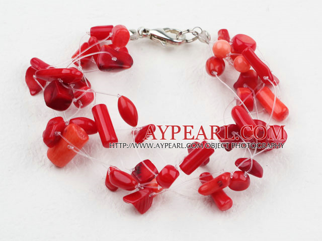 Multi Strands Red Coral Bracelet with Lobster Clasp