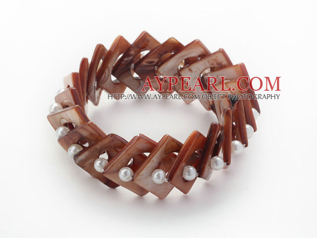 Coffee Color Donut Shell and White Seashell Beads Stretch Bangle Bracelet