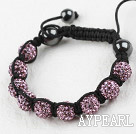 10mm Purple Color Rhinestone Woven Drawstring Bracelet with Adjustable Thread