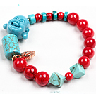 Simple Style Red Blood Stone Coral Turquoise Beads Stretch / Elastic Bracelet With Buddha Head Charm And Golden Rose Color Hollow Heart
